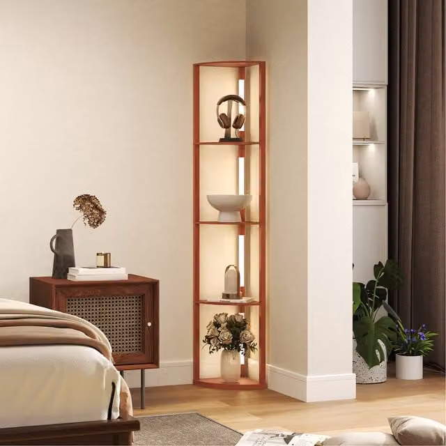 HOMCOM Dimmable LED Floor Lamp with Shelves in Brown