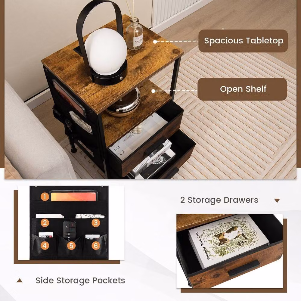 Gymax Set of 2 Modern Brown Nightstands with Charging Station and Media Compartments – 5