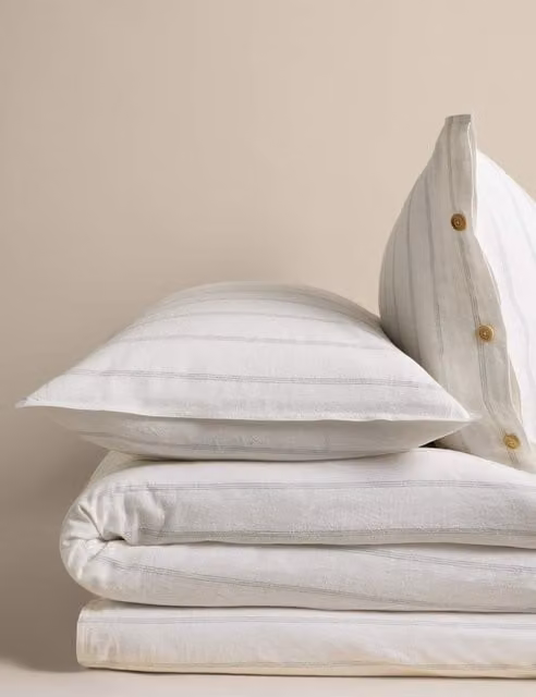 M&S Blue and White Striped Jacquard Linen Rich Bedding Set, W: 140 cm, L: 200 cm