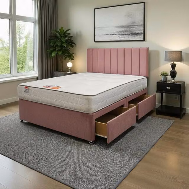 Knight Sleep Paris Plush King Size Bed Set with Mattress, 2 Drawers and 24 inch Headboard in Pink