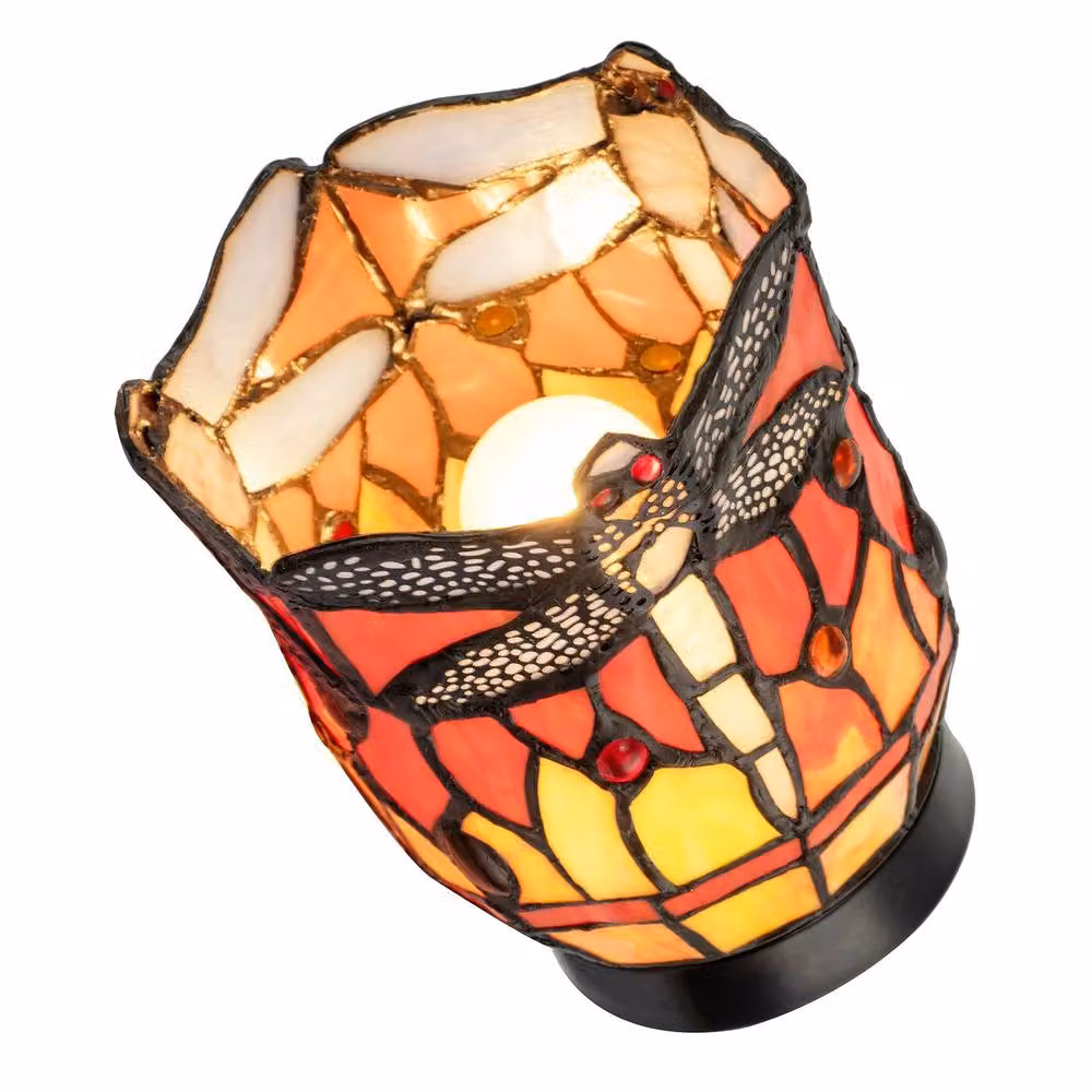 Happy Homewares Classic Dragonfly Tiffany Uplighter Tabletop Lamp in Orange Stained Glass – 6