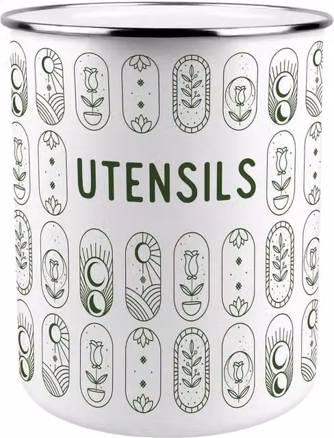 Purely Home Ceramic Boho Minimalism Freestanding Kitchen Utensil Holder in Green and White