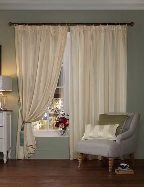 Laura Ashley Lille Striped Pencil Pleat Fabric Curtains, Beige Mix, H: 168 cm x W: 137 cm