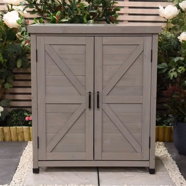 Garden Gear Grey Rustic Wooden Freestanding Garden Storage Cabinet with Internal Shelves and Hinged Doors