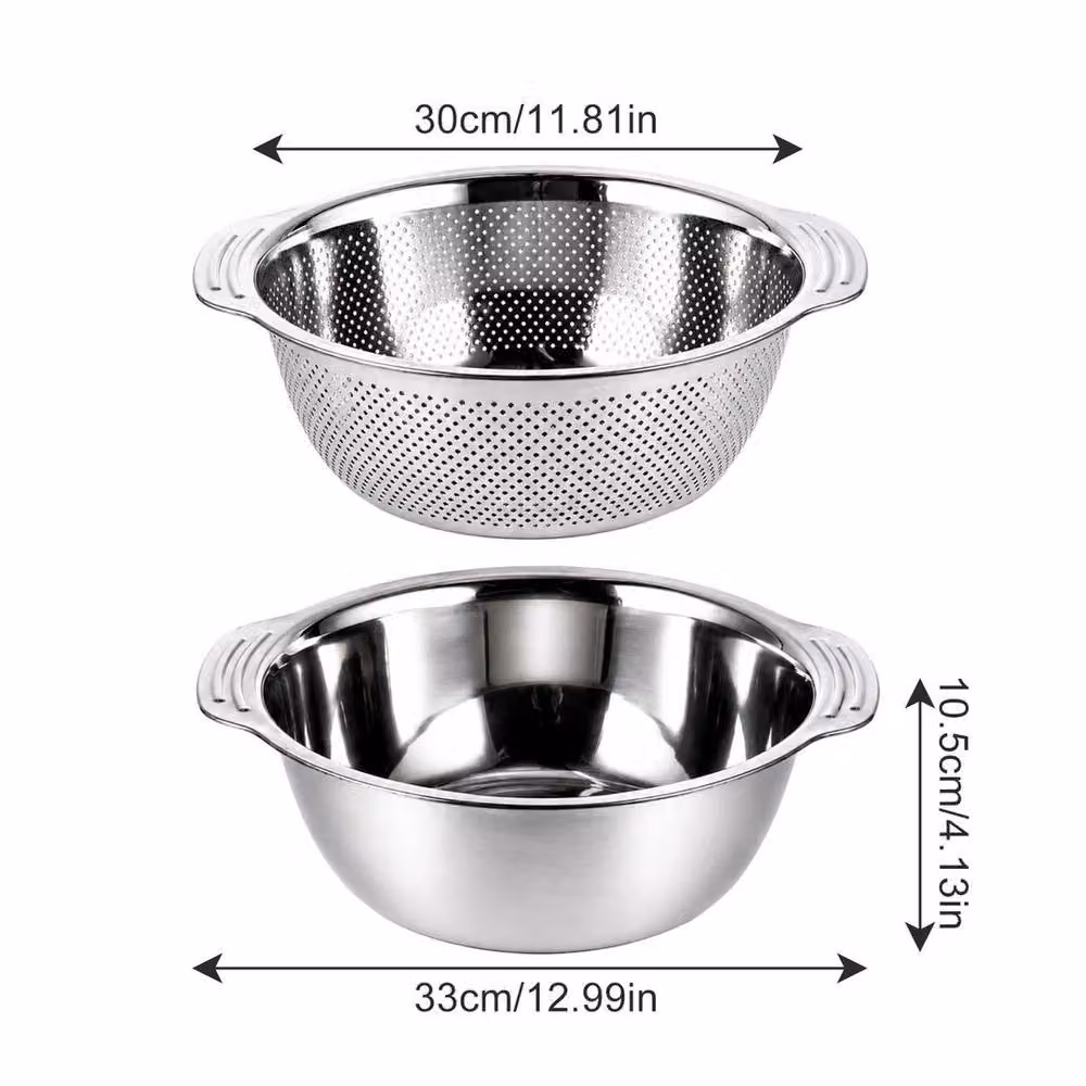 FLAVORA Stainless Steel Round Colander and Bowl Set with Handles in Silver – 2