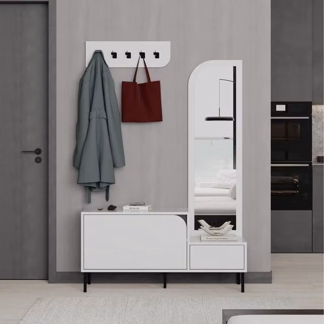 Decortie Mila Hall Tree with Mirror, Coat Stand and 2 Door Shoe Cabinet, White