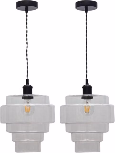 First Choice Lighting Benson Set of 2 5-Tier Glass and Black Ceiling Pendant Lights with Transparent Shades