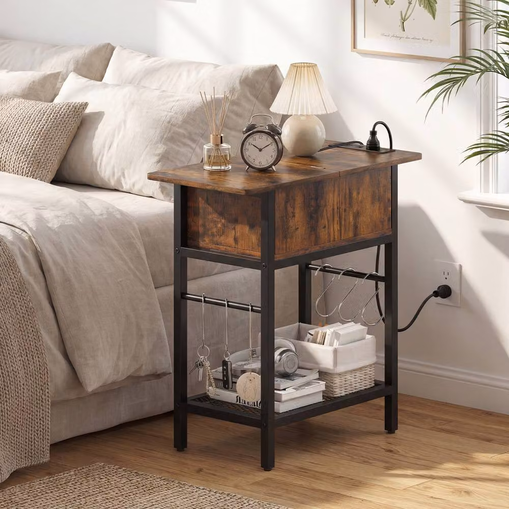 Gymax Industrial Slim End Table Nightstand with Charging Station and Shelf Hooks in Brown – 4