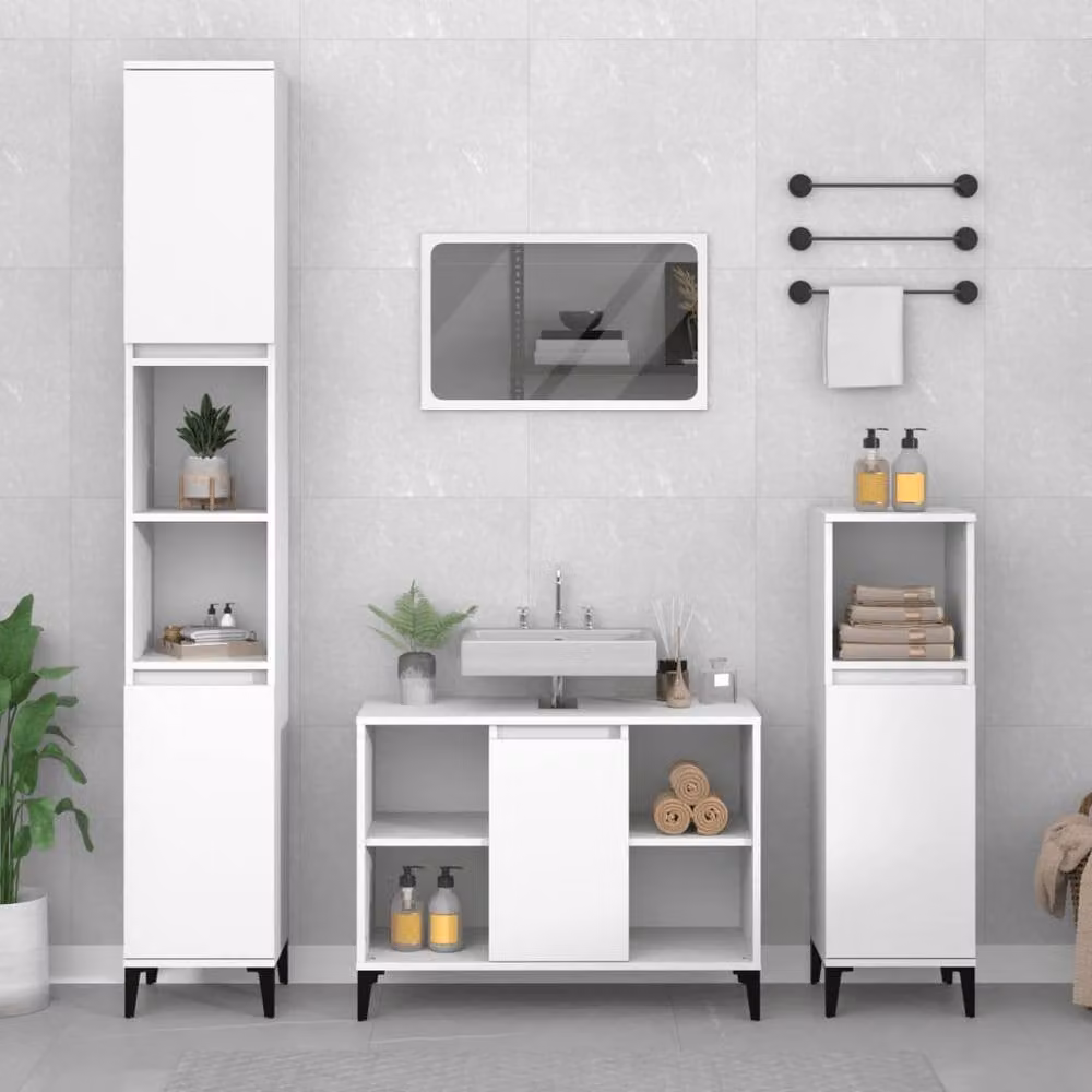 Berkfield Home 3 Piece Modern White Bathroom Furniture Set with Tall Cabinet and Hinged Doors – 2