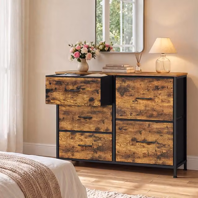 SONGMICS 5-Drawer Storage Unit with Fabric Drawers and Wooden Top in Tan