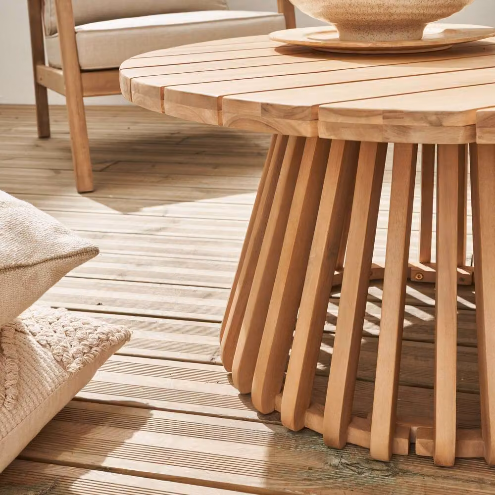 Sweekeec Round Acacia Wood Coffee Table in Beige for Indoor and Outdoor Use – 3