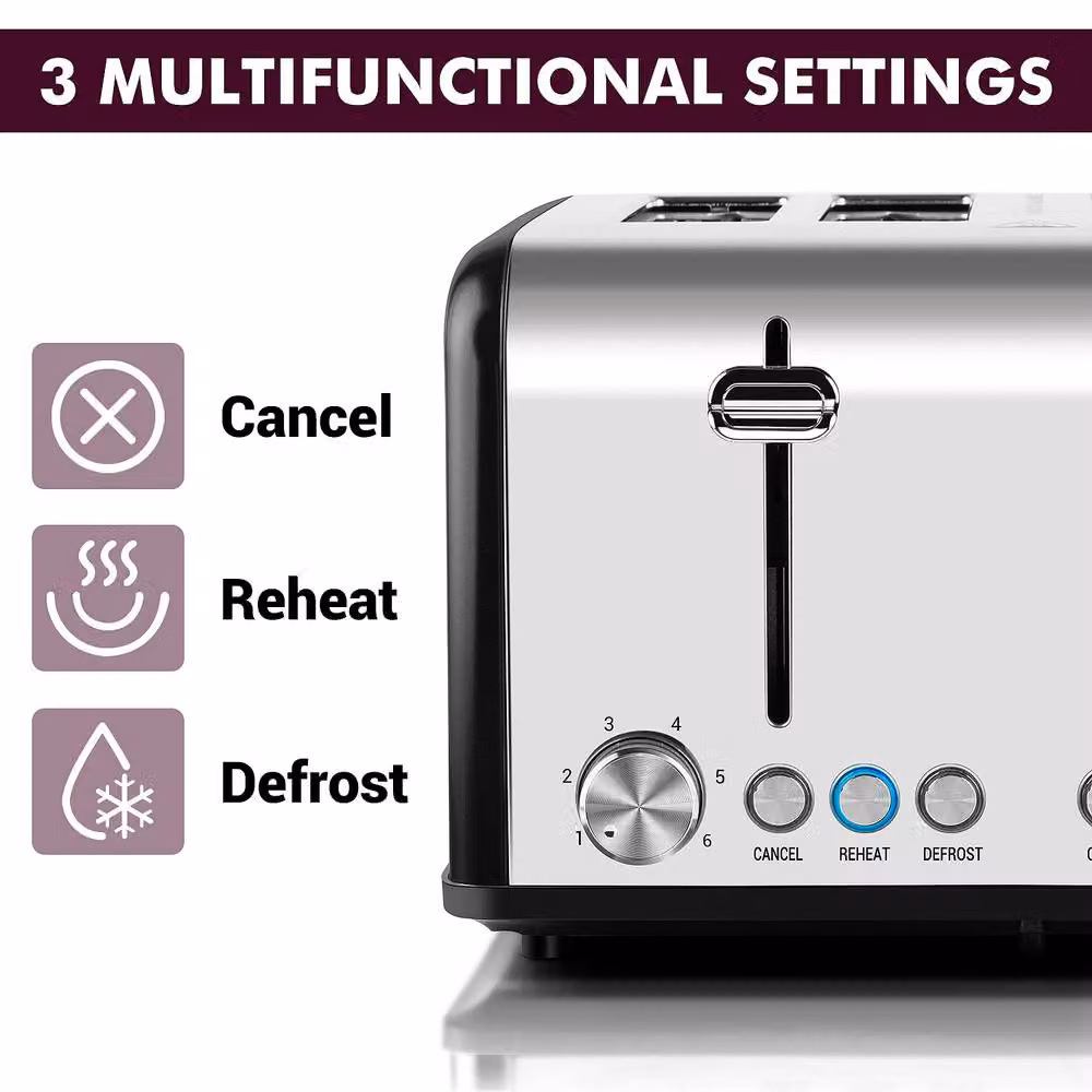 Cusimax 4 Slice Toaster with Extra-Wide Slots and 6 Browning Levels in Black Stainless Steel – 4