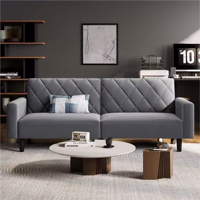 Yaheetech Dark Grey Velvet Click-Clack Convertible Sofa Bed with Foam Upholstery