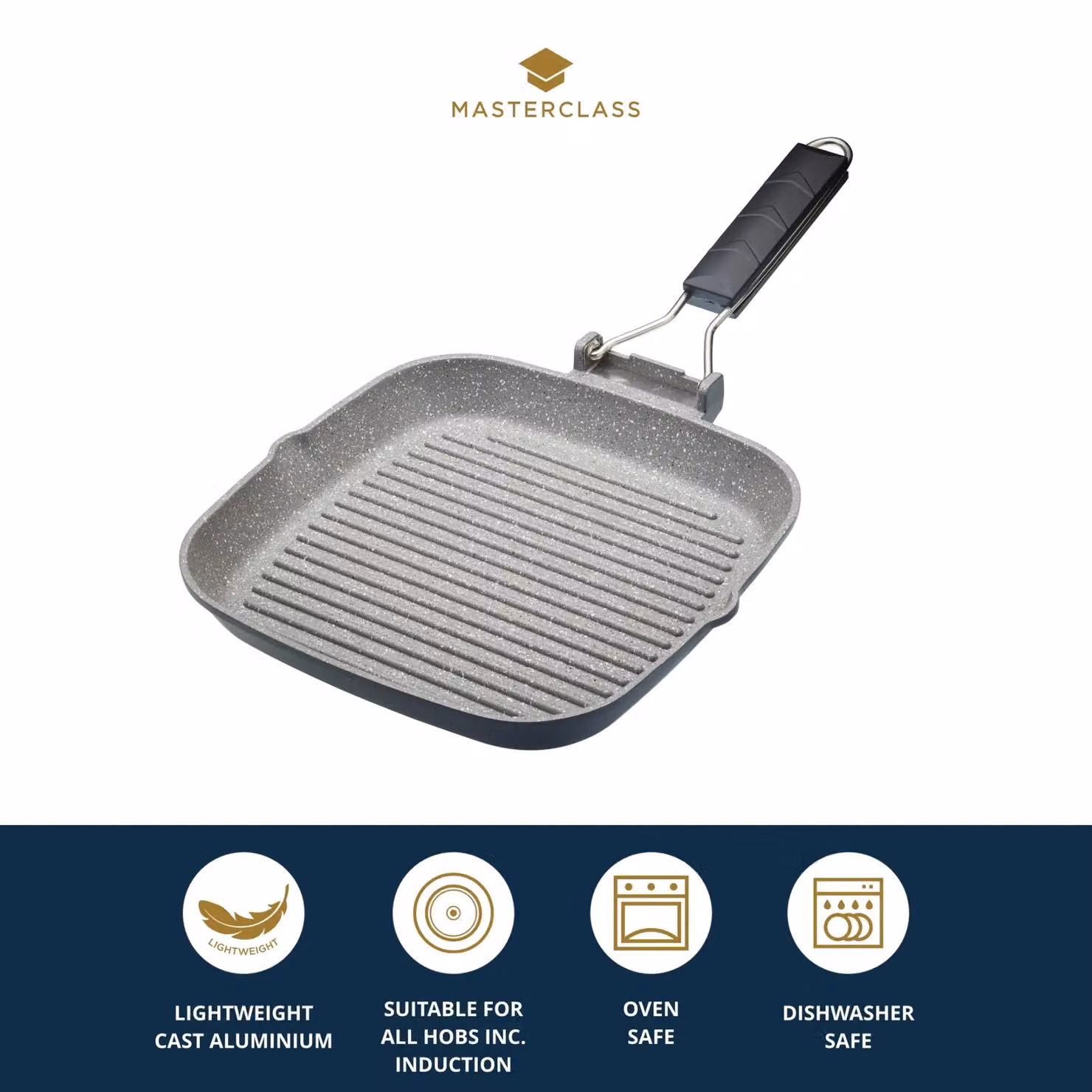 MasterClass Non-Stick Cast Aluminium 24cm Grill Pan with Removable Handle, Grey – 6