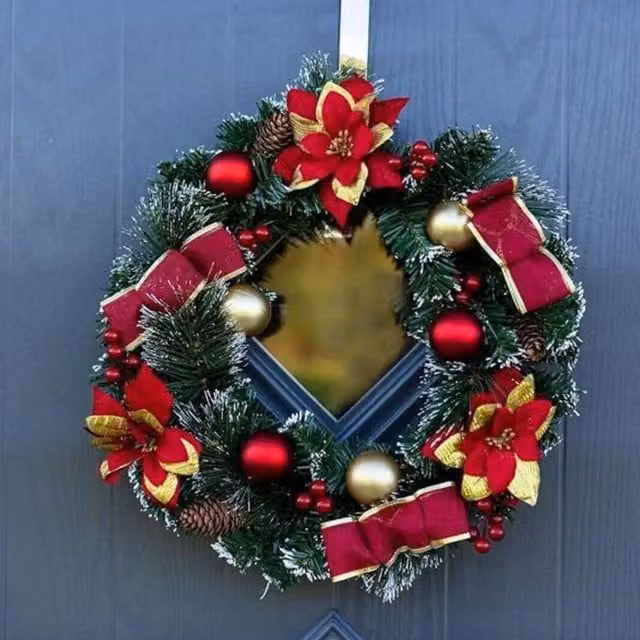 Marco Paul Christmas Artificial Poinsettia Wreath Decoration in Red, Green and Gold, Diameter: 40 cm – 1