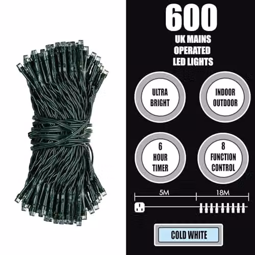 VFM e-Store 600 LED Cool White Christmas Fairy String Lights, 18m, Mains Operated – 3