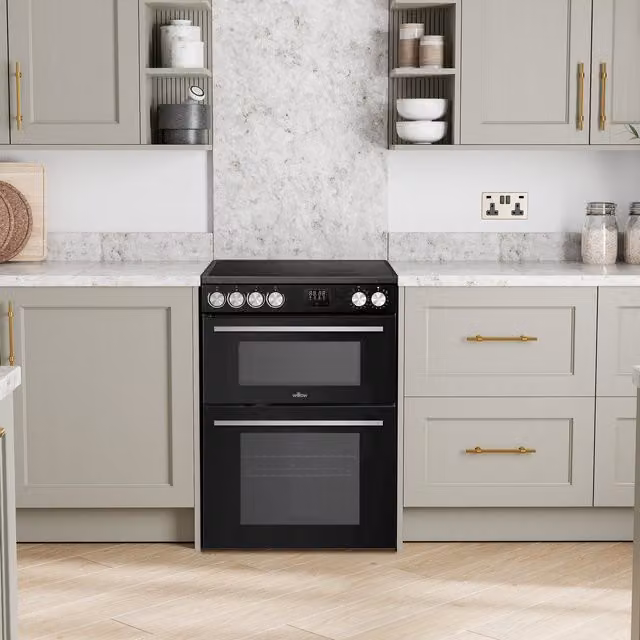 Willow Black Freestanding Electric Double Oven Cooker with Ceramic Hob, Width: 60 cm
