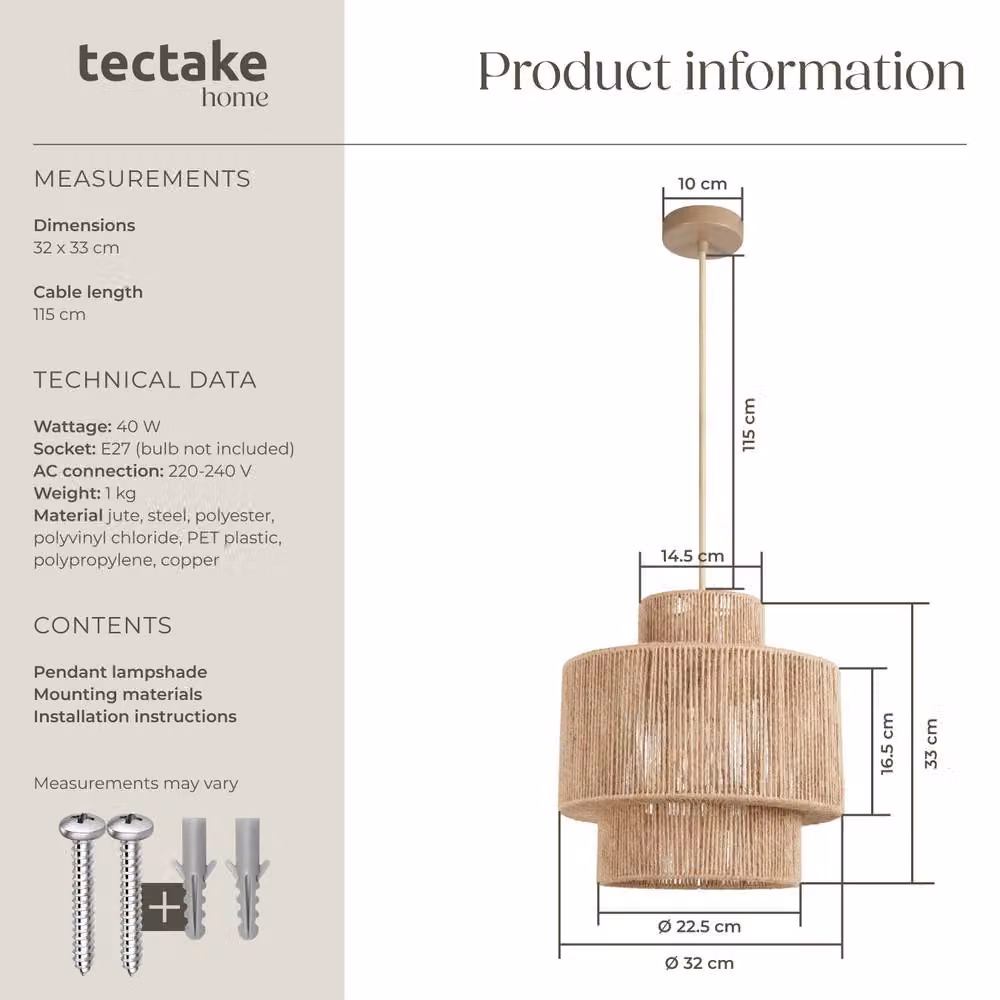 tectake Boho Style Jute and Metal Pendant Light in Brown and Beige, W/D/H: 40.5 x 40.5 x 47 cm – 5