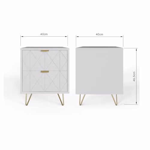 GFW Alora Pair of White Bedside Tables with 2 Drawers, Geometric Diamond Fronts, Gold Handles and Hairpin Legs, W/D/H: 40 x 40 x 46.5 cm – 2