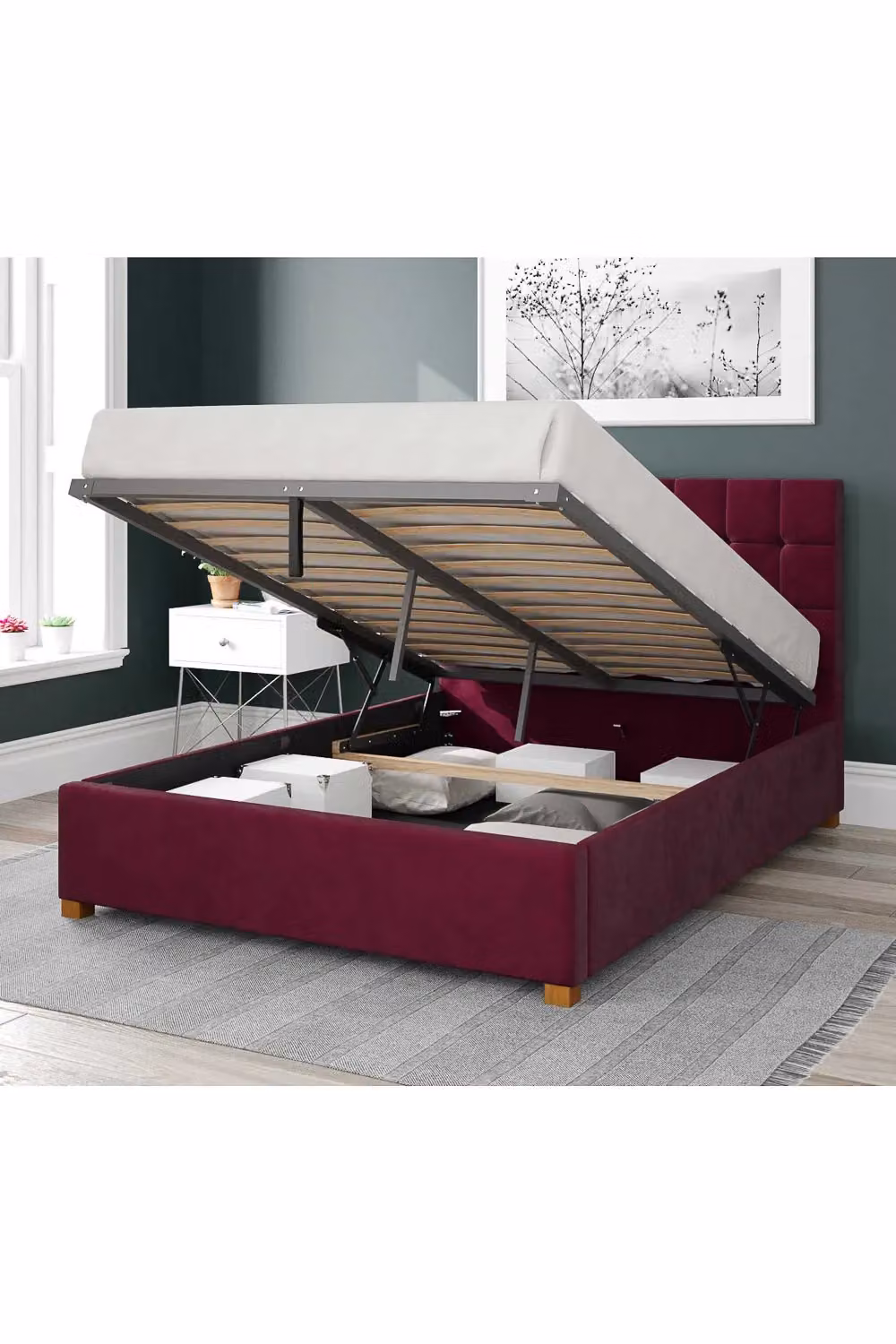 Aspire Sinatra Upholstered Ottoman Storage Bed in Red Velvet Fabric, W/D/H: 180 x 200 cm – 2