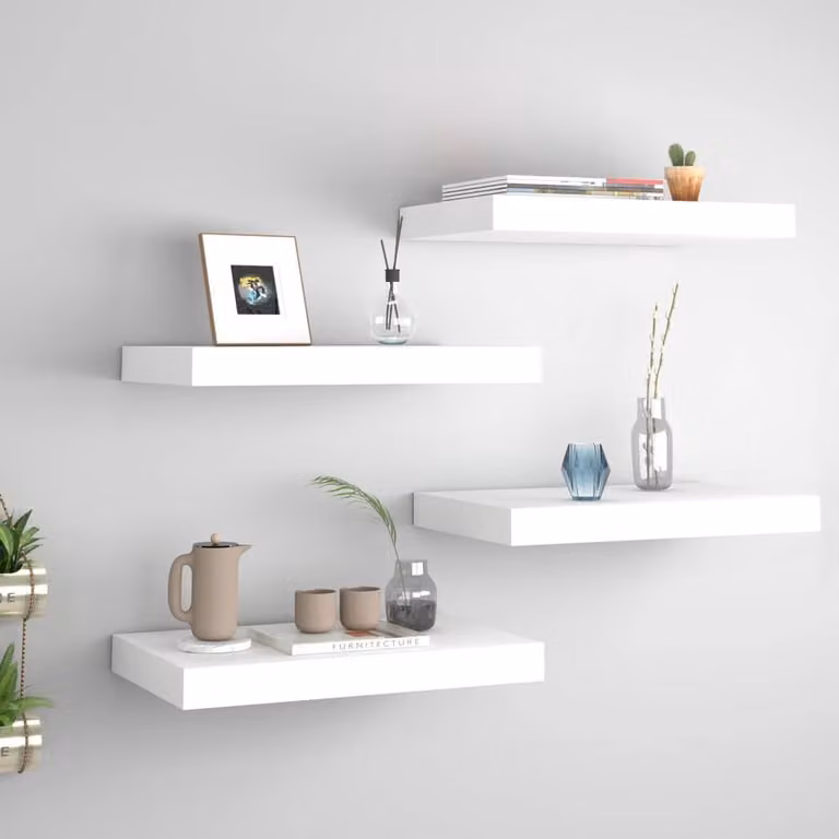 Berkfield Home Set of 4 Durable White MDF Floating Wall Shelves, W/D/H: 40 x 23 x 3.8 cm