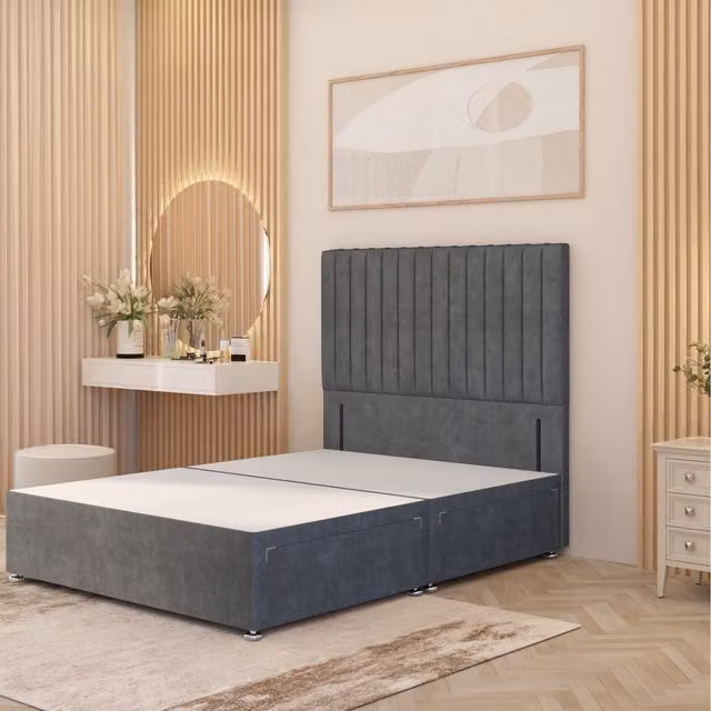 Somnior Beds Ltd Verona Divan Bed Base with 54 inch Floor Standing Headboard in Silver Grey Plush Velvet with Drawers W/D/H: 200 x 200 cm