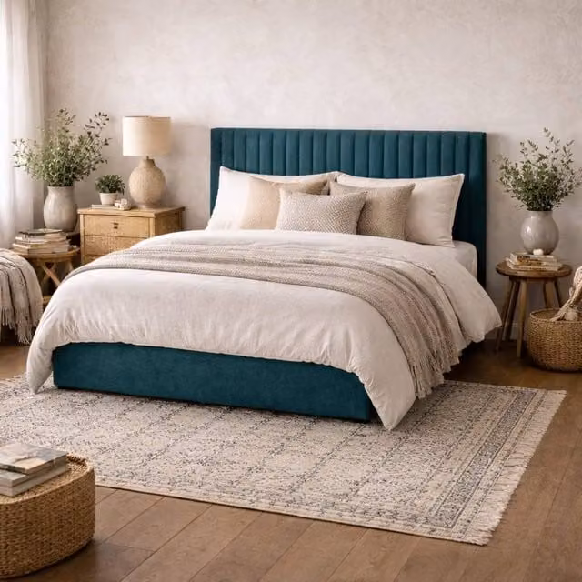 Wyld Haus Dublin King Ottoman Bed in Petrol Teal Velvet with Ribbed Headboard, W/D/H: 180 x 200 x 168 cm