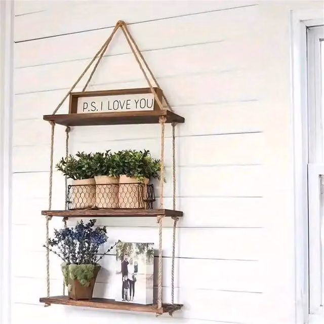 KORVIXA 3-Layer Bohemian Handmade Woven Hanging Wall Shelves in Brown – 1