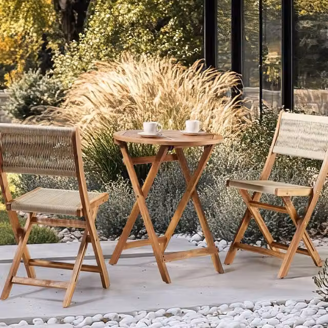 Wyld and Coco 3 Piece Beige Acacia Wood Folding Bistro Set – 1