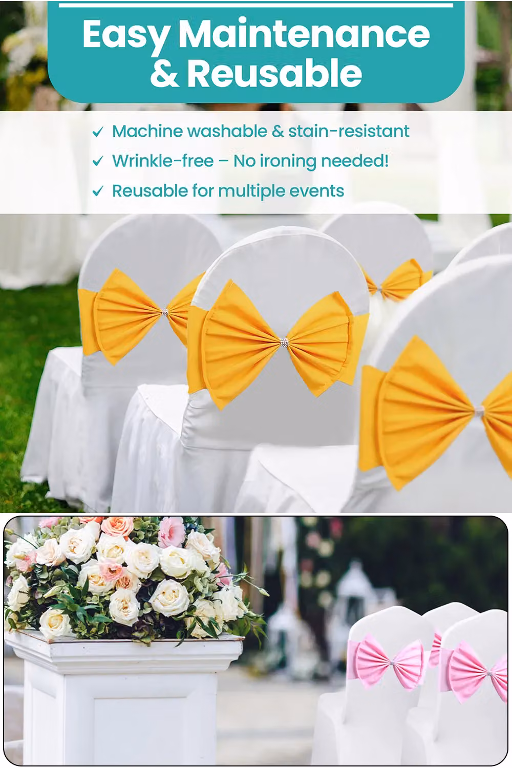Neel Blue Pack of 10 Stretchy Chair Sash Bands with Gold Slider Buckles for Weddings and Events – 2