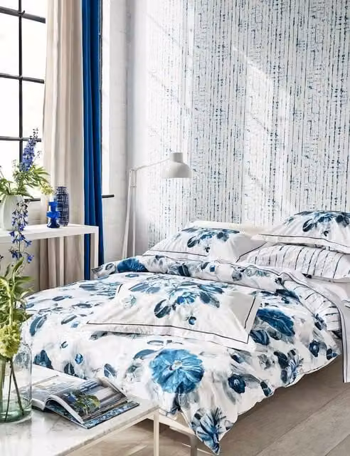 Designers Guild White Indigo Flower Pure Cotton Percale Bedding Set 180x200 cm