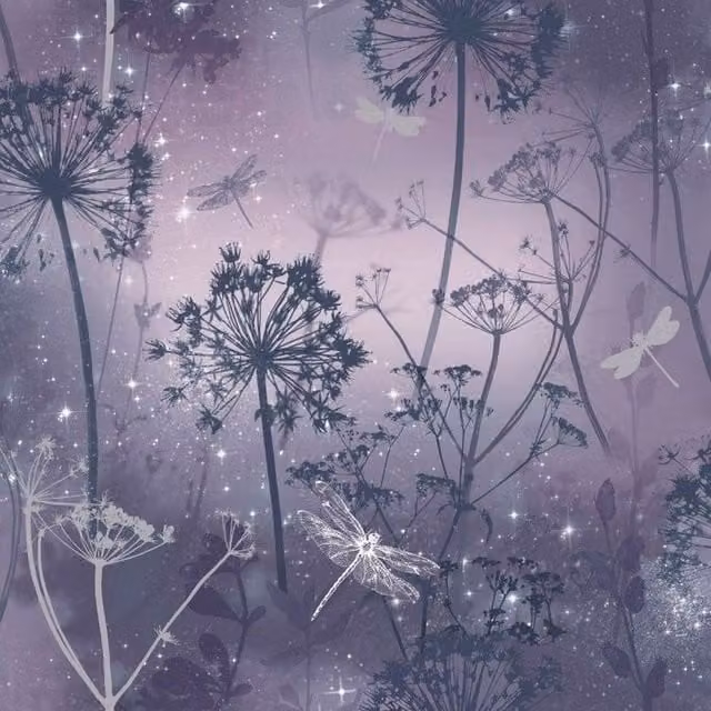 Arthouse Fantasia Damselfly Botanical Floral Wallpaper in Purple