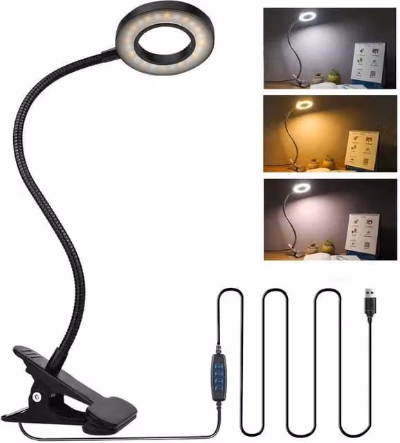Kelvenix Black LED Clip On Desk Lamp with Flexible Arm, USB Dimmable and Adjustable Task Lighting