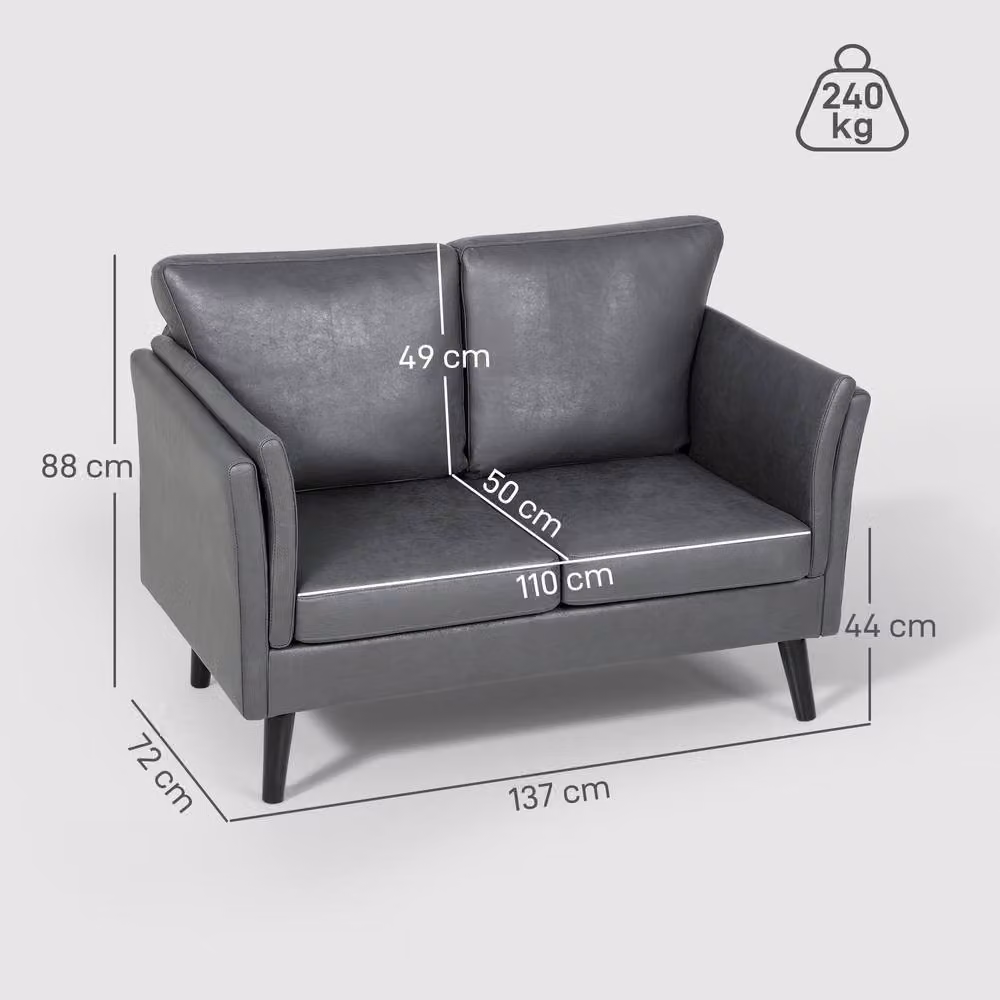 ERGOVEXA Two-Seater Leathaire Sofa in Grey with Scatter Cushions, Featuring a Rubberwood Frame and Foam Upholstery, W/D/H: 137 x 72 x 88 cm – 2