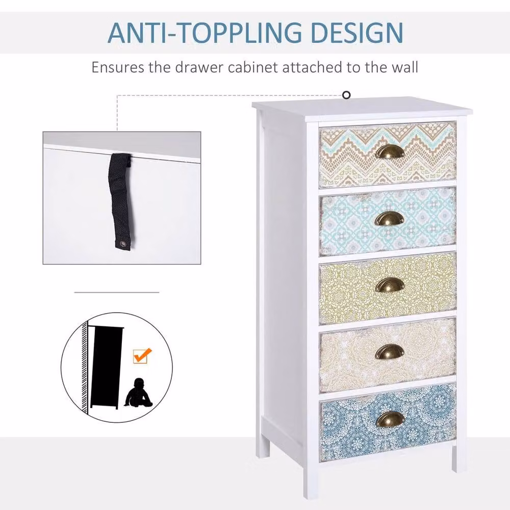 EONLION 5 Drawer Storage Chest Dresser in White and Multicolour, Width: 100 cm – 2