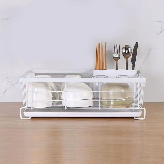 NESTLUNE White Metal Dish Drainer Rack with Cutlery and Cup Holder, W: 100 cm, D: 15 cm, H: 15 cm