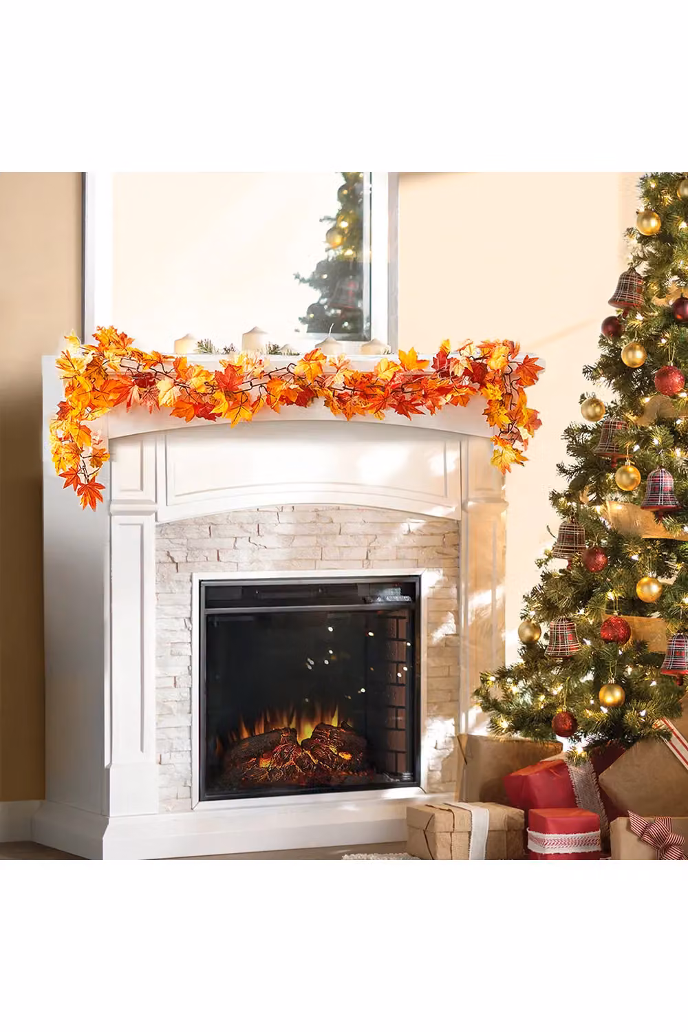 Living and Home Pre-Lit Autumn Maple Leaf Vine Garland in Orange, 1.7m – 3
