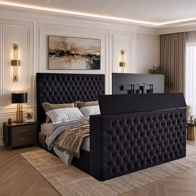 KDMD Annan Single Upholstered Soft Velvet TV Bed Frame with Lift Up Base in Black – 1