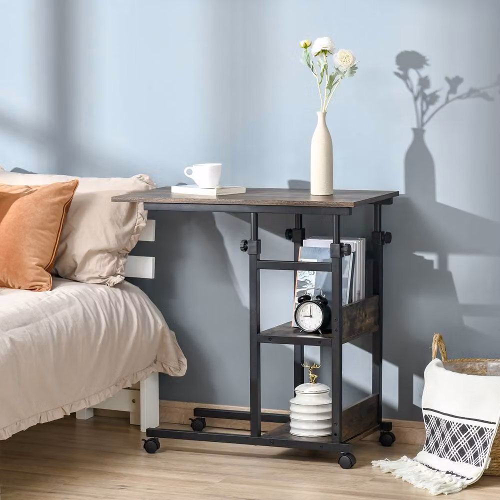 ERGOVEXA C-Shaped Industrial Side Table with Castors, Rustic Brown – 3