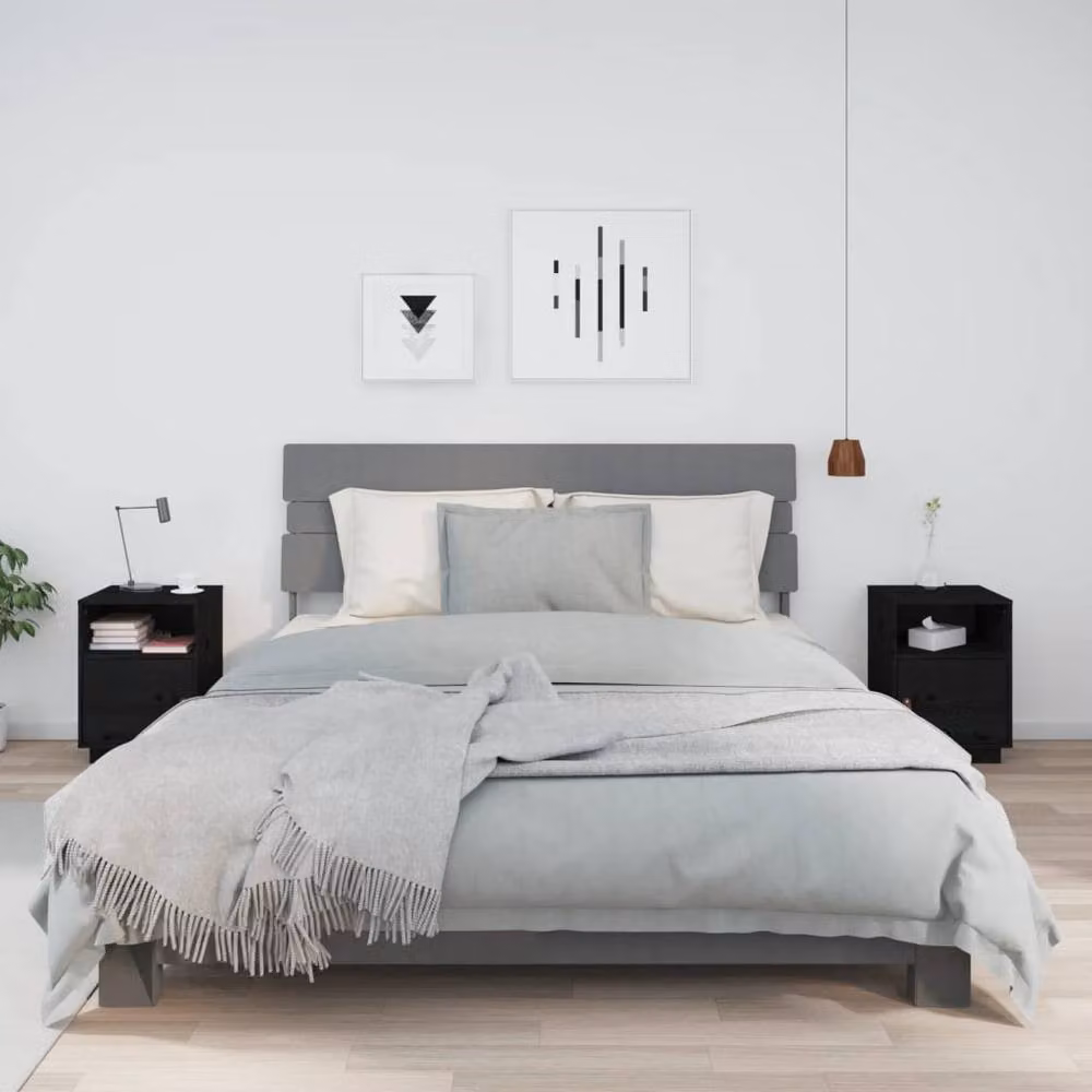 Berkfield Home Set of 2 Black Solid Wood Pine Bedside Cabinets, W: 40 cm, D: 34 cm, H: 55 cm – 2