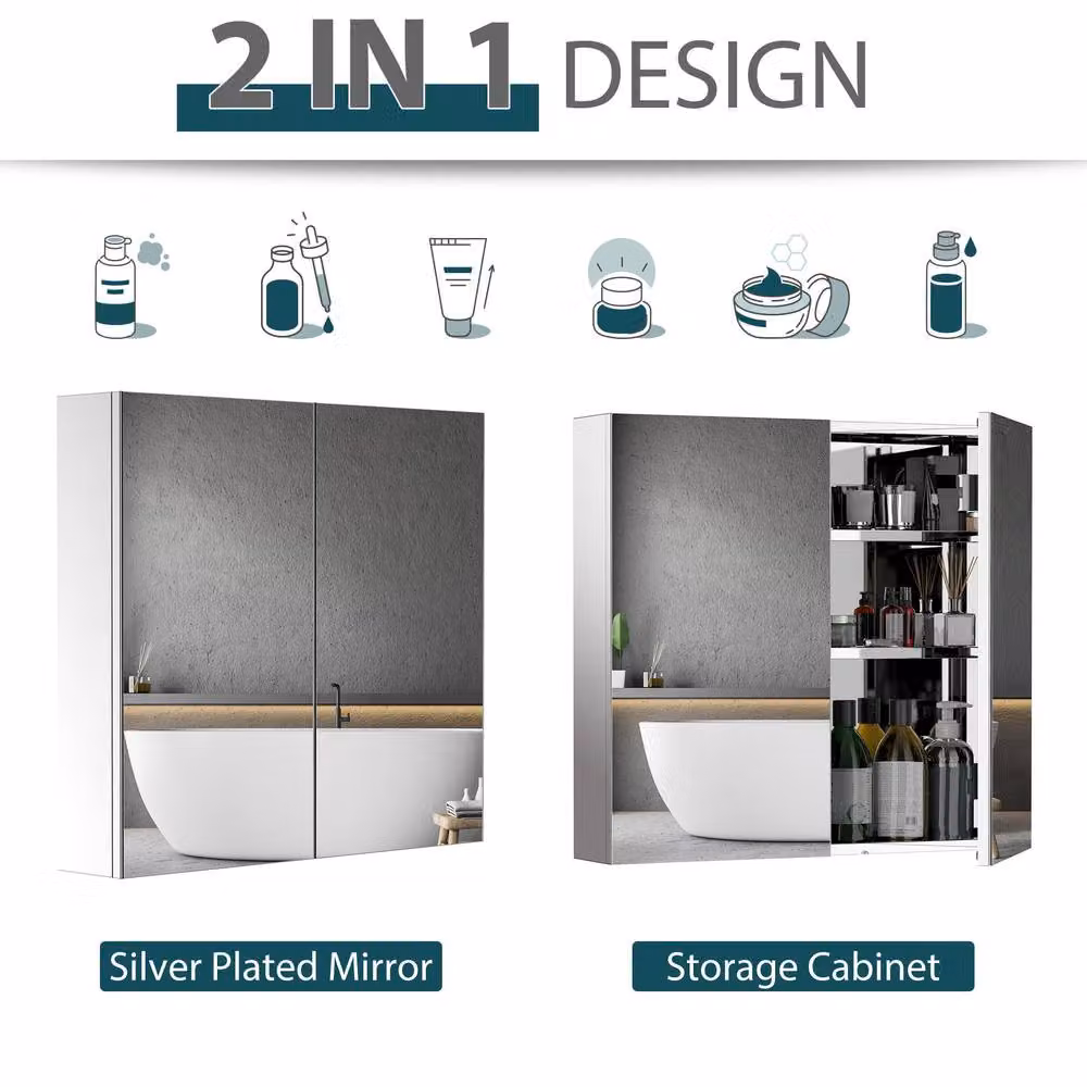 STILVORA Modern Silver Mirror Cabinet with Double Hinged Glass Doors and LED Lighting, Width: 60 cm – 6