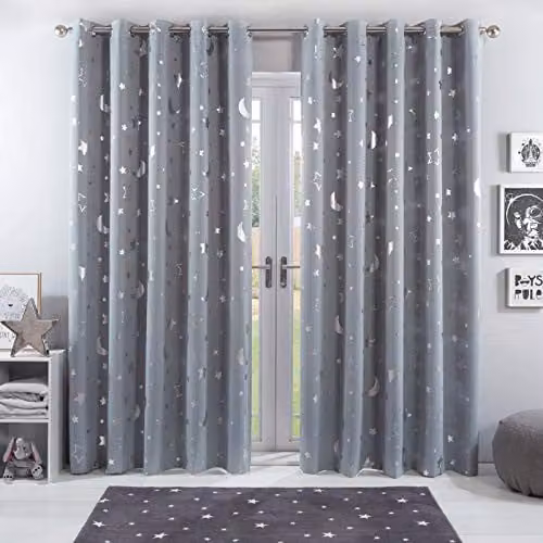 Dreamscene Galaxy Star Thermal Blackout Eyelet Curtains for Childrens Bedrooms, Silver Grey, W: 116 cm, H: 182 cm, Pair