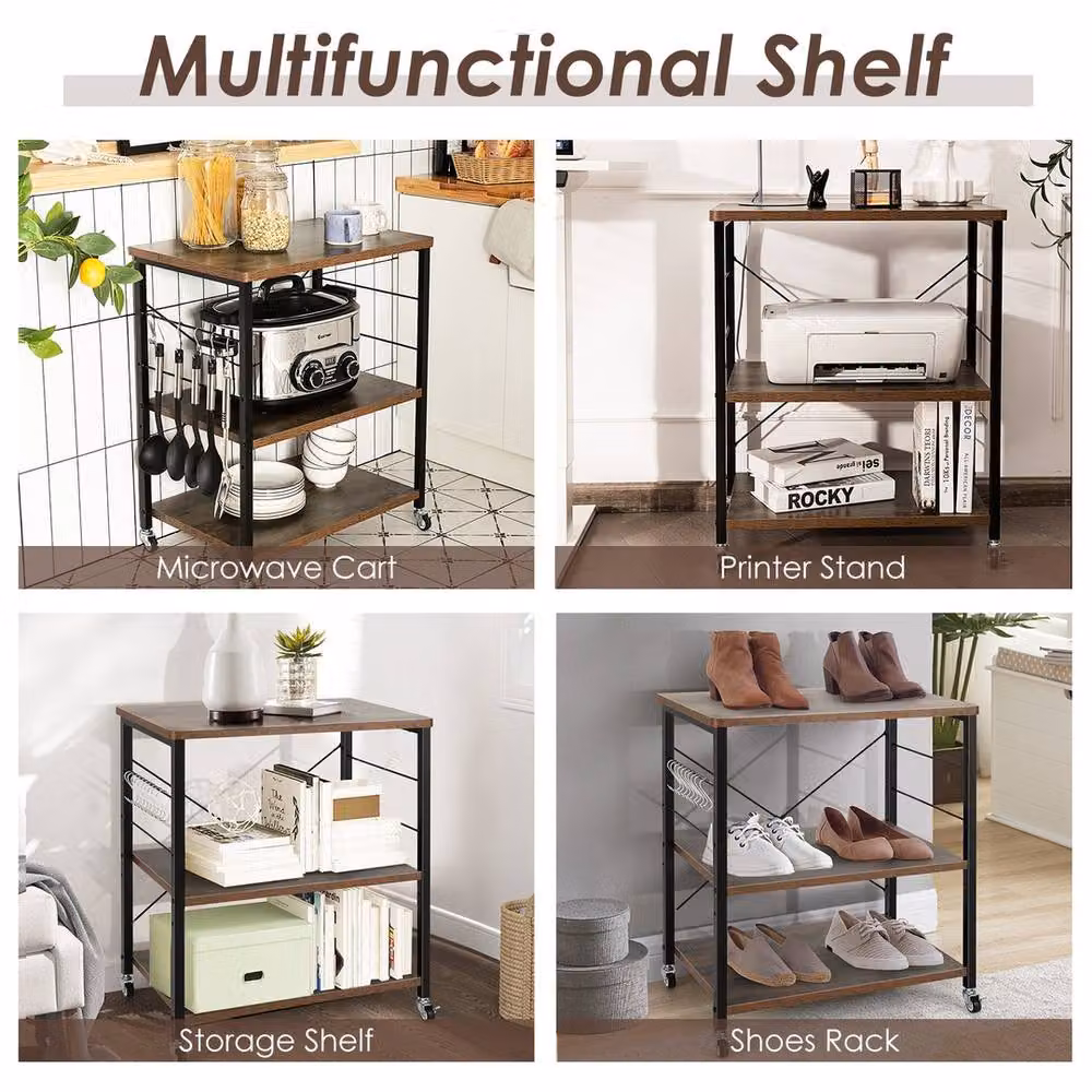 VOGREX 3-Tier Rolling Microwave Cart with Adjustable Shelves in Rustic Brown – 6