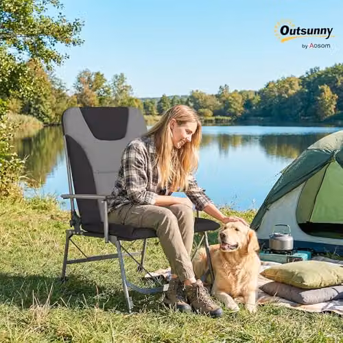 Outsunny Padded Reclining Camping Chair for Adults in Black with Armrests and Metal Frame – 2