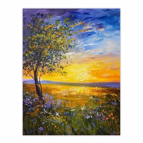 Artery8 Tree Wildflower Meadow at Sunset Oil Painting Multicolour Paper Poster Print W/H: 46 x 61 cm – 1