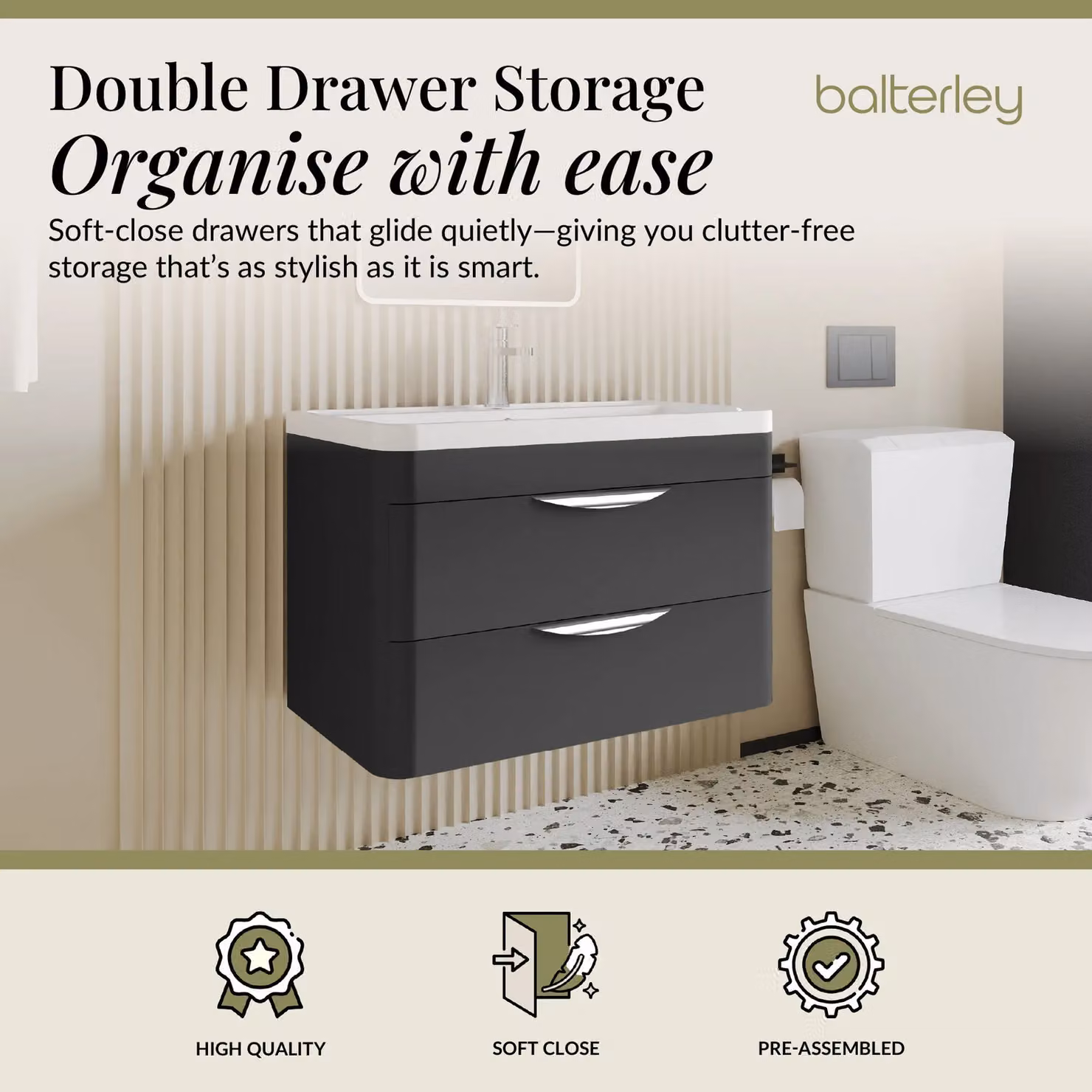 Balterley Contemporary Wall Hung 2 Drawer Bathroom Vanity Unit, Dark Grey, Width: 81 cm – 2
