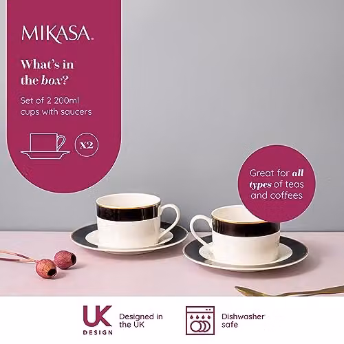 Mikasa Luxe Deco Geometric Bone China Tea Cup and Saucer Set of 2, White and Gold, 200ml – 2