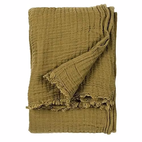 Riva Home Woven Cotton Muslin Throw with Fringes in Beige and Green, W/D/H: 130 x 180 cm