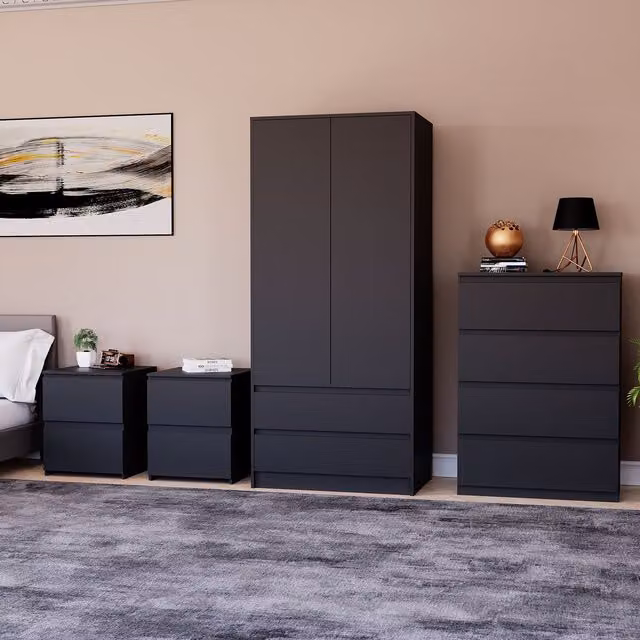 Vida Designs Denver 4 Piece Black Bedroom Set including 2 Bedside Tables, 4 Drawer Chest and Wardrobe