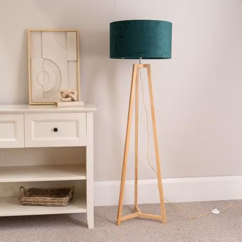 ValueLights Lottie Natural Wood Tripod Floor Lamp with Green Fabric Drum Shade, H 148 x W 45 x D 45 cm – 2